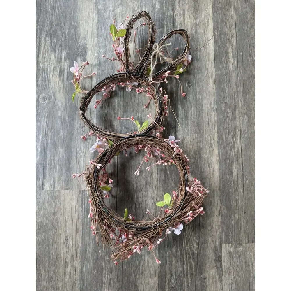 Pink Floral Spring Easter Bunny Shaped Holiday Grapevine Wreath Door Decor 22